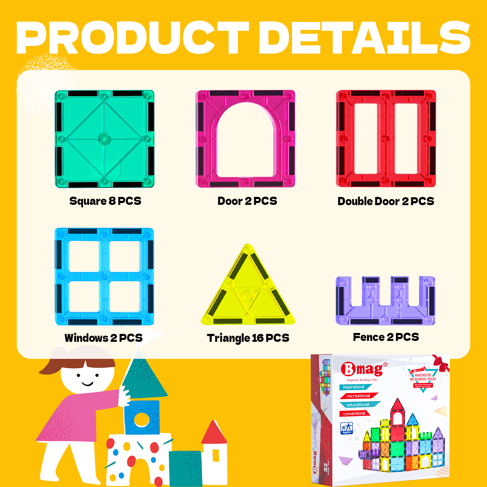 BMAG 32-Piece Magnetic Tiles Building Blocks photo 3