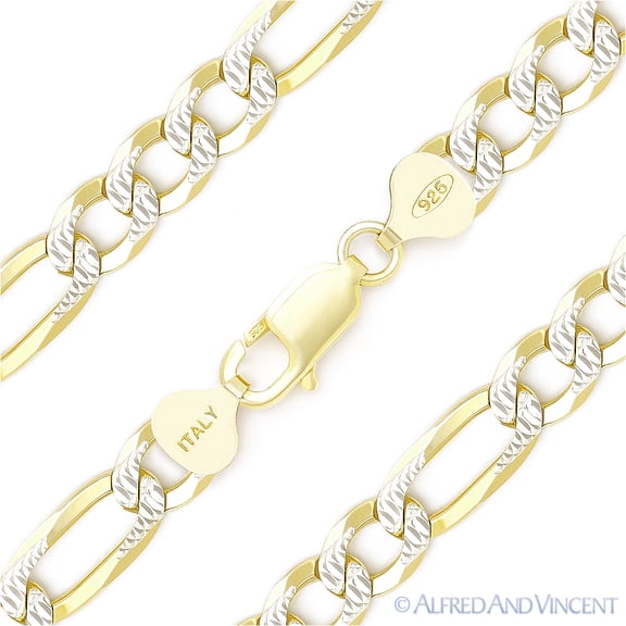 8.4mm Figaro / Figaroa Link D-Cut Pave Italian Chain Bracelet in .925 Sterling Silver w/ 14k Yellow Gold