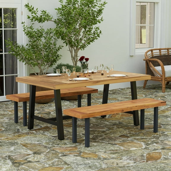 Merrick Lane Solid Acacia Wood Dining Table in a Natural Finish with Black Metal Legs for Indoor and Outdoor Use