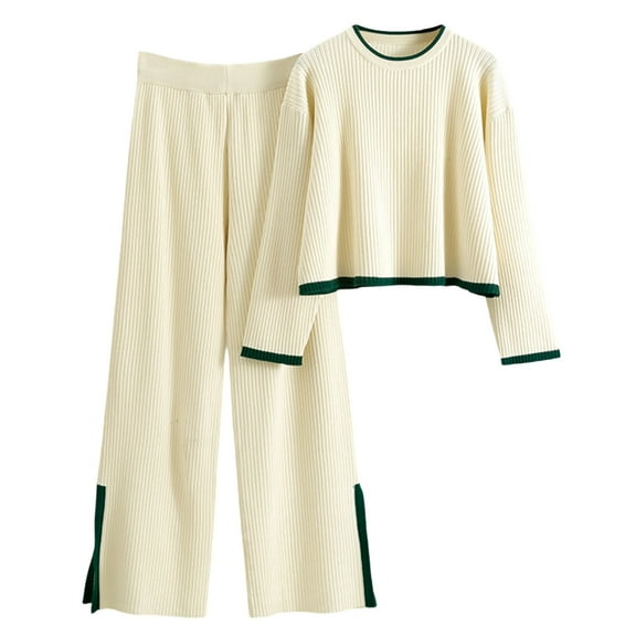 AINIYS Women's 2 Piece Fall Knit Sweater Set Long Sleeve Crewneck Tops Wide Leg Pants Sweatsuit Outfits Casual Clothing Beige Free Size