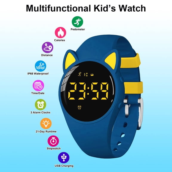 Student Digital Watch for Kids Fitness Sports Walking Pedometer—No App Required 20-Day Battery Life Rechargeable Waterproof Watch with Alarm Function