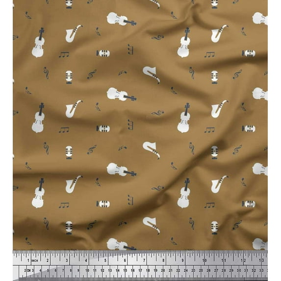 Soimoi Rayon Fabric Notes,Guitar & Saxophones Musical Instrument Printed Craft Fabric by The Yard 56 Inch Wide