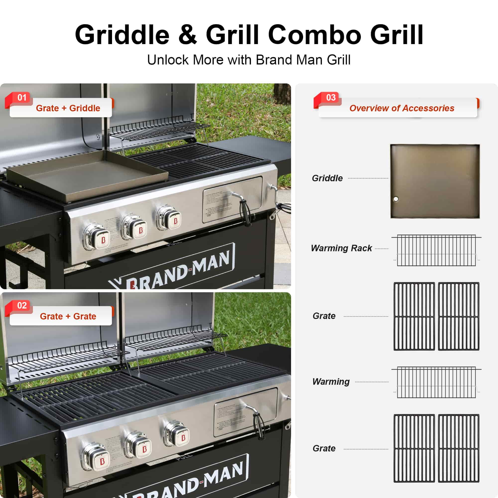 Brand Man Propane Gas & Charcoal Grill Combo with Griddle Dual Fuel BBQ Grill for Outdoor Barbecue, Sliver & Black