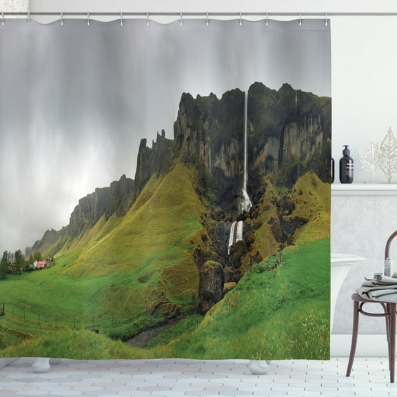 Iceland Shower Curtain, Waterfall and Rocky Formations with a Gloomy Sky, Fabric Bathroom Set with Hooks, 69W X 84L Inches Extra Long, Olive Green Pale Taupe, by Ambesonne
