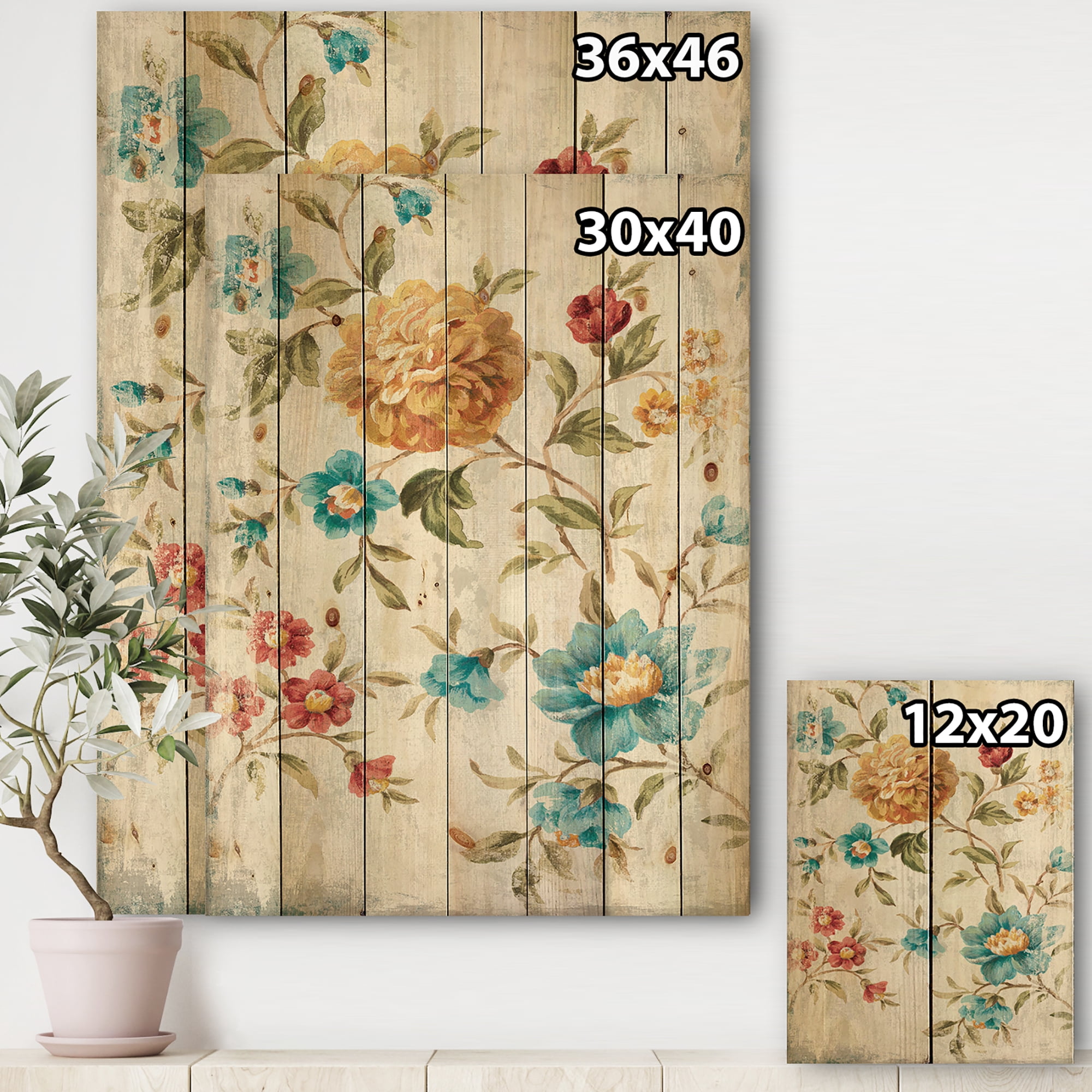 Designart 'Retro Golden Flowers' Cabin & Lodge Print on Natural Pine Wood