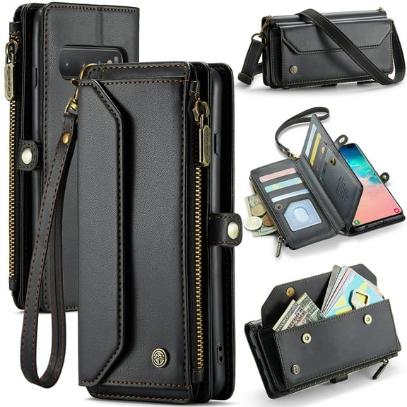 Crossbody for Samsung Galaxy S10 Plus Case Wallet【RFID Blocking】with 10-Card Holder Zipper Bills Slot, Soft PU Leather Magnetic Shoulder Wrist Strap for Galaxy S10 Plus Wallet Case Women