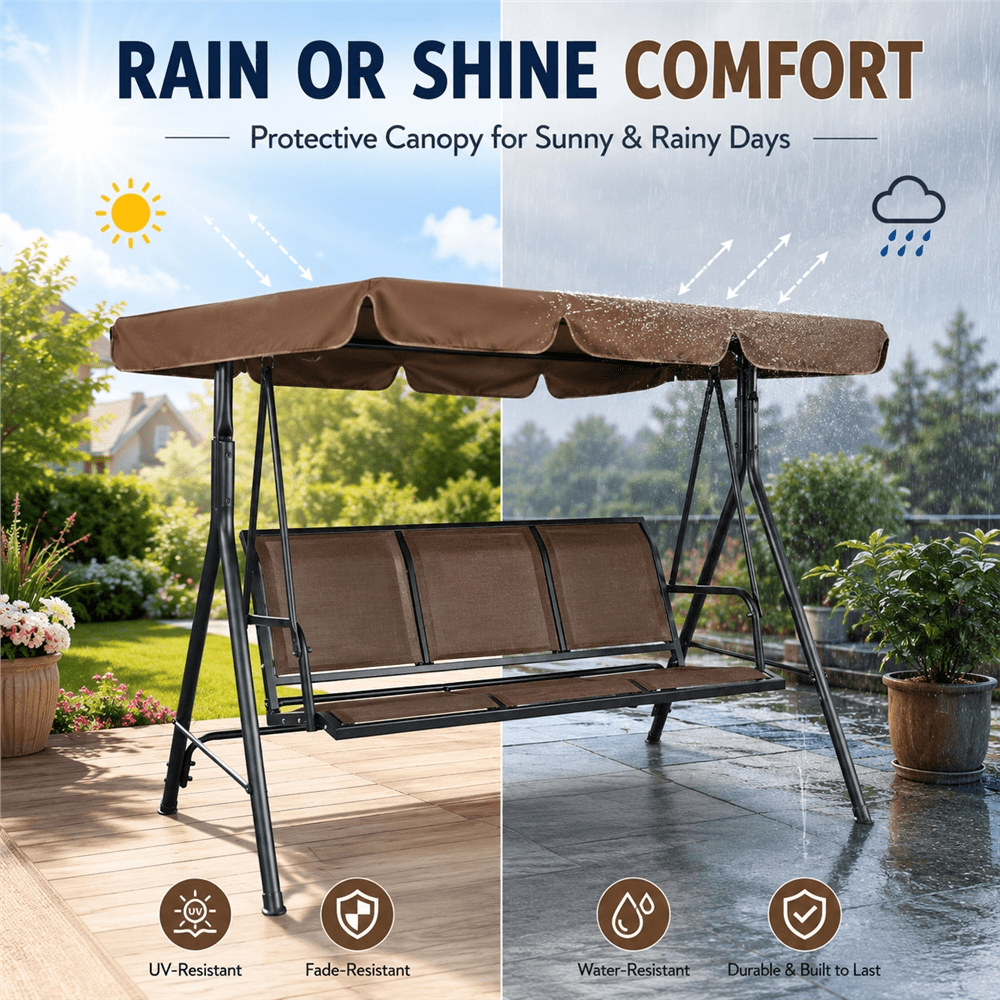 Renwick 3-Seat Outdoor Patio Swing Chair with Adjustable Canopy, Dark Brown