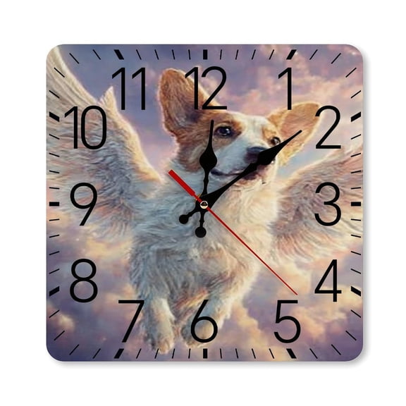 RKSupls 10×10inch Square Silent Wall Clock Wooden Frame, Flying Corgi Clouds Scale Decorative Clock for Home Bedroom Living Room Office