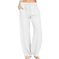 thumbnail image 5 of Women'S Cotton Linen Drawstring High Waisted Pants Casual Loose Fit Wide Leg Trousers White XL, 5 of 8