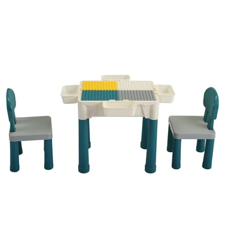 Kids Activity Table Set Table and Chair Set with Blocks, 2 Chairs, Multi Block Building Table for Kids Over 3 Years Old, Gray + Green