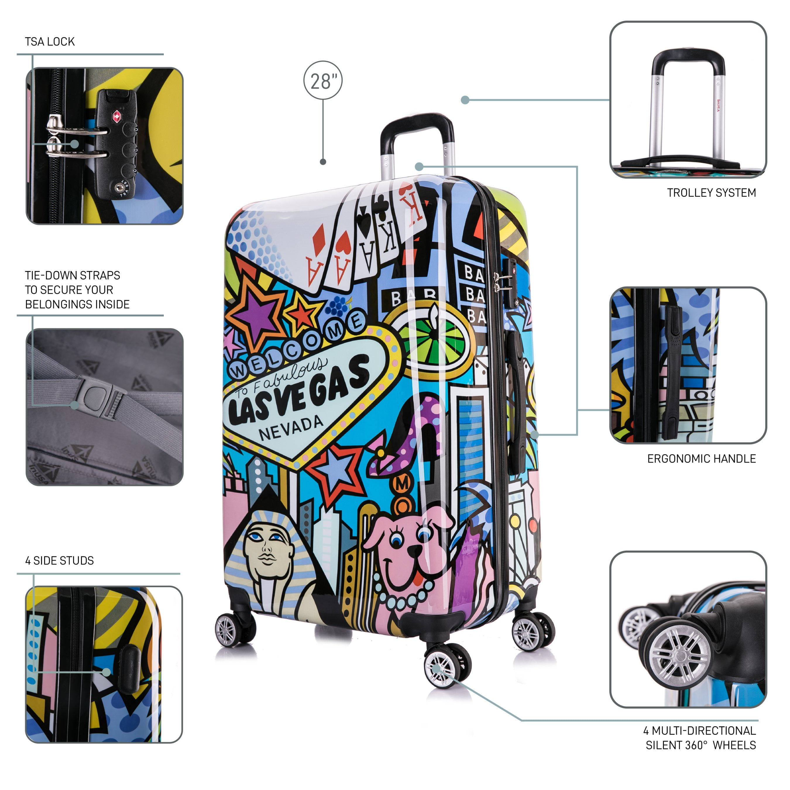 InUSA Print 28" Hardside Lightweight Luggage with Spinner Wheels, Handle and Trolley, Las Vegas