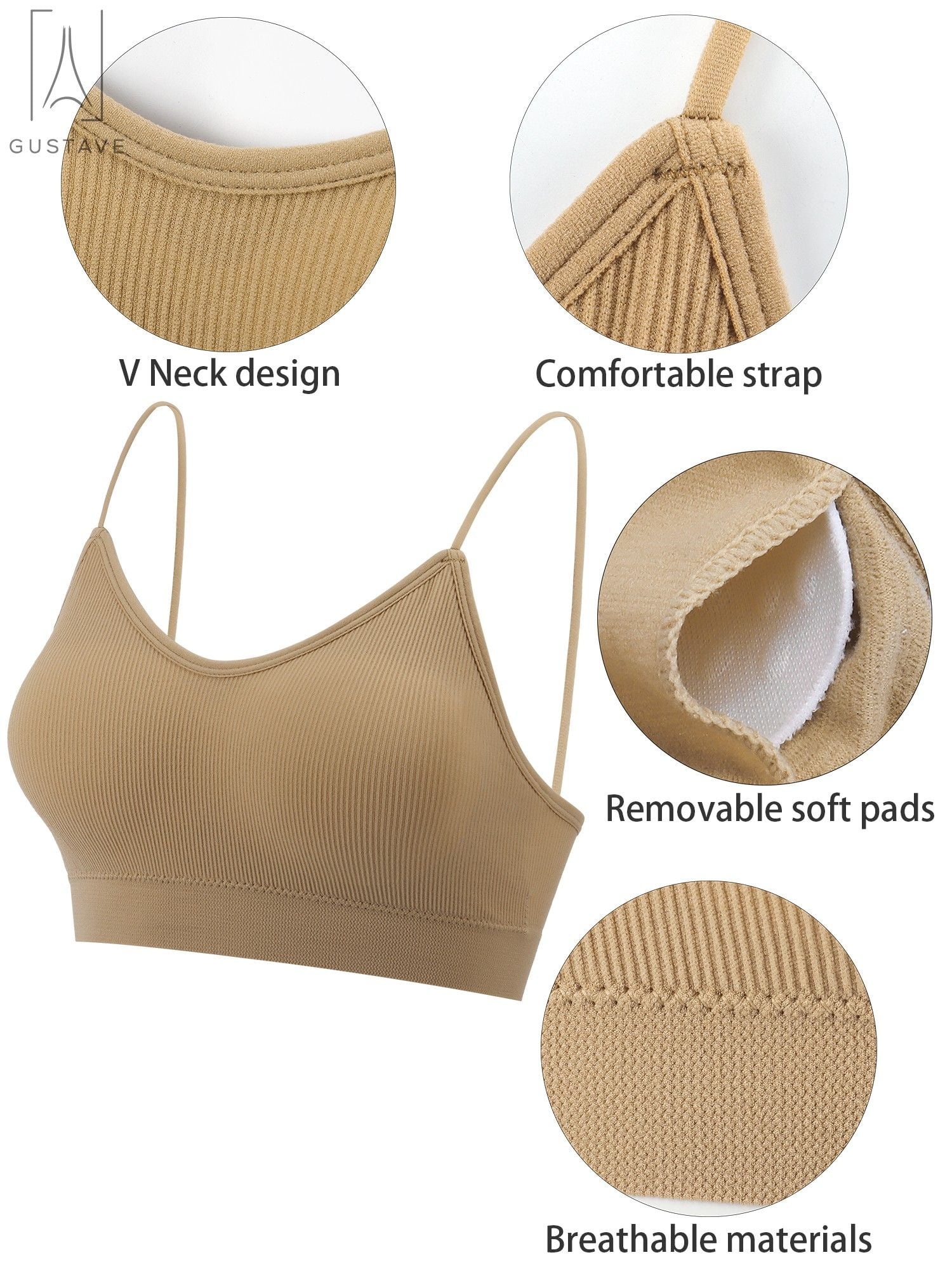 Gustave 5-Pack Women's Seamless Cami Bra V Neck Padded Bralette Spaghetti Strap Pullover Style Bras Tank Top Wire Free "Size M"