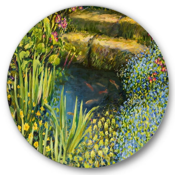 Designart 'Colorful Silence Flowers At The Lake Side' Lake House Circle Metal Wall Art 36x36 - Disc of 36