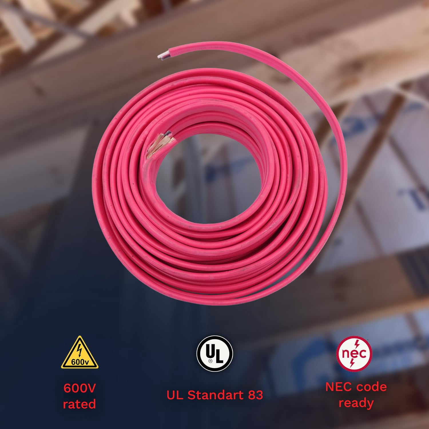 10/3 NM-B Copper Electrical Wire 10 Gauge, 3 Conductors with Groun Non-Mettalic, Sheathed Cable, Residential Indoor Pink 25 FT