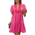 thumbnail image 2 of Short Sleeve Women Color Block V Neck Ruffle Mini Dress, 2 of 6