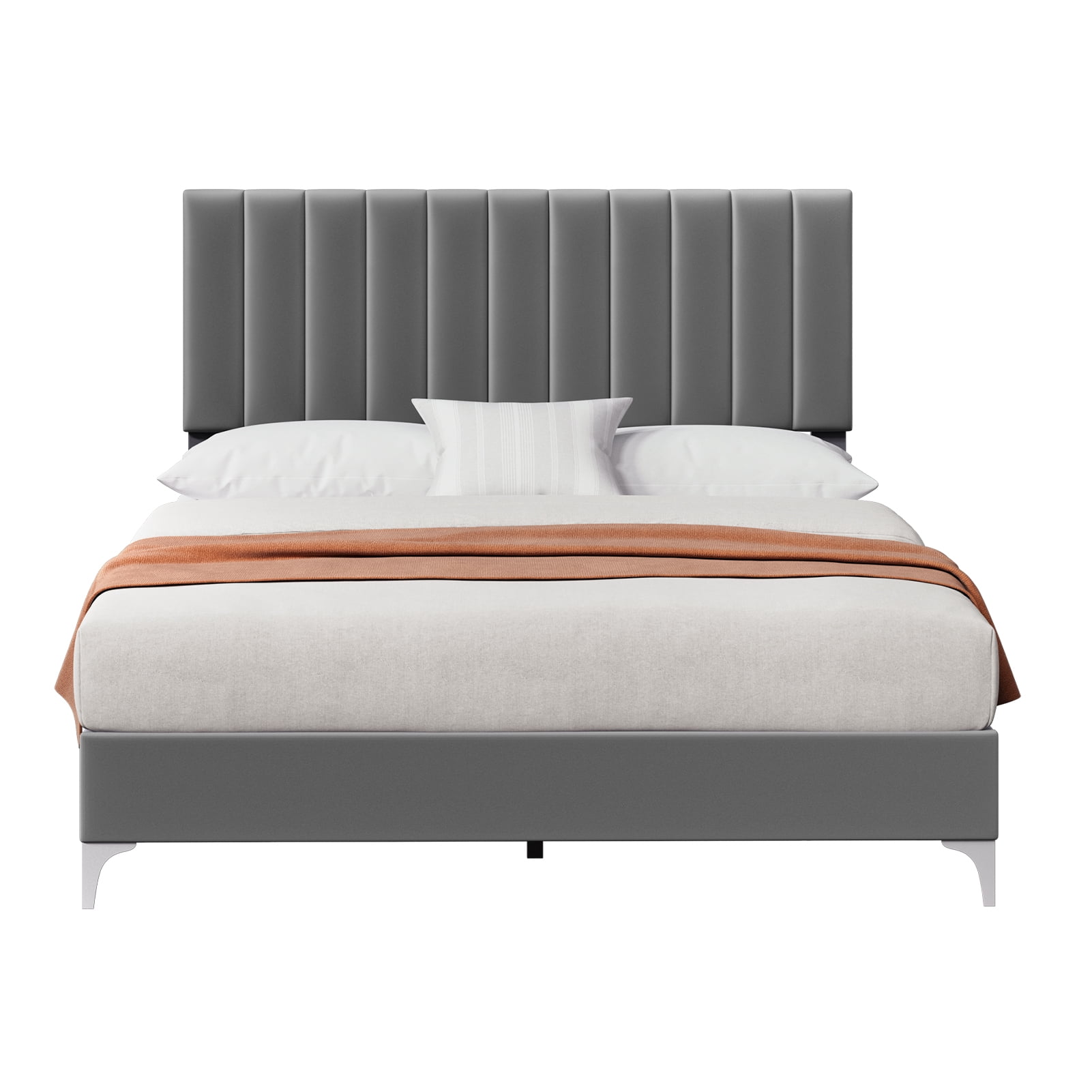 COZONY Queen Bed Frame with Velvet Upholstered Headboard, Sturdy Wood Slats Support,80.7*60.2*46.1", No Box Spring Needed, Noise-Free, Easy to Assemble, Gray