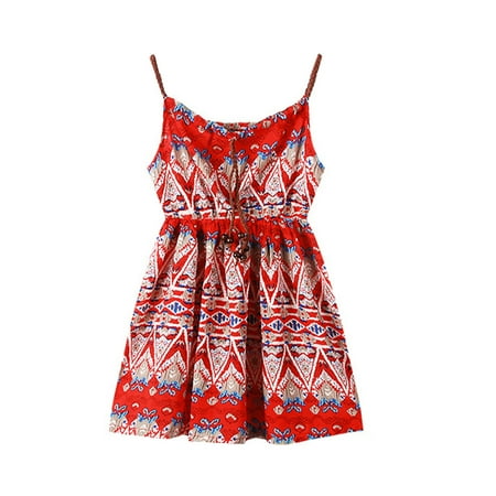 

XIEULQP Summer Dress Girls Kids Crew Neck Summer Sleeveless Suspender Sundress Casual Beach Floral Prints Party Dress Flower Girl Dress Red