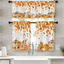 Fall Orange Leaves Kitchen Window Curtains Valance and Tier Set 36 Inch, Autumn Watercolor Pumpkin 3 Piece Window Treatment Tiers for Living Room Bedroom Kitchen Decor Drapes