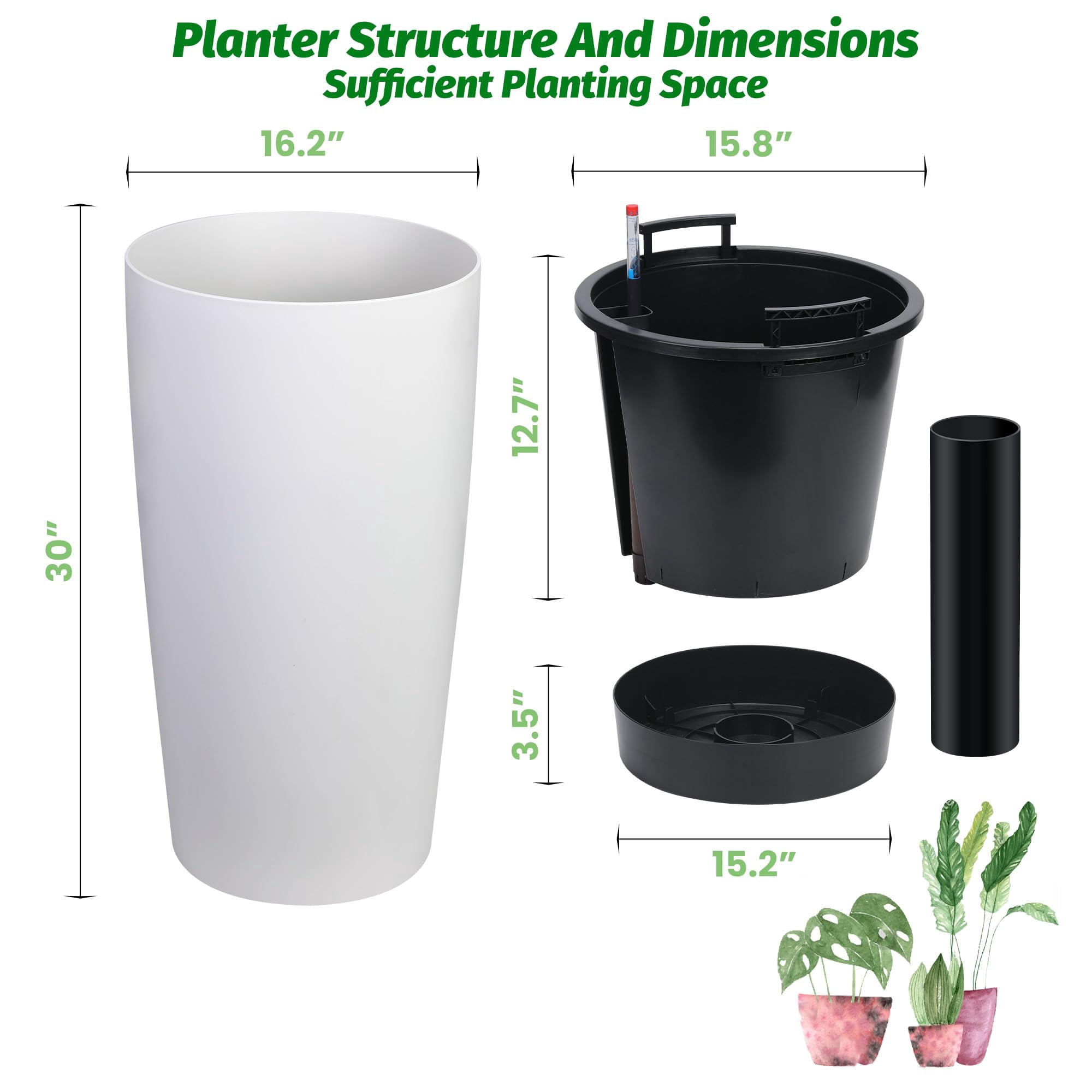 2-Pack Large 30-Inch Self-Watering Planters with Drainage Holes, Water Gauge, and Removable Inner Pot – Ideal for Outdoor Gardening and Porch Display, White
