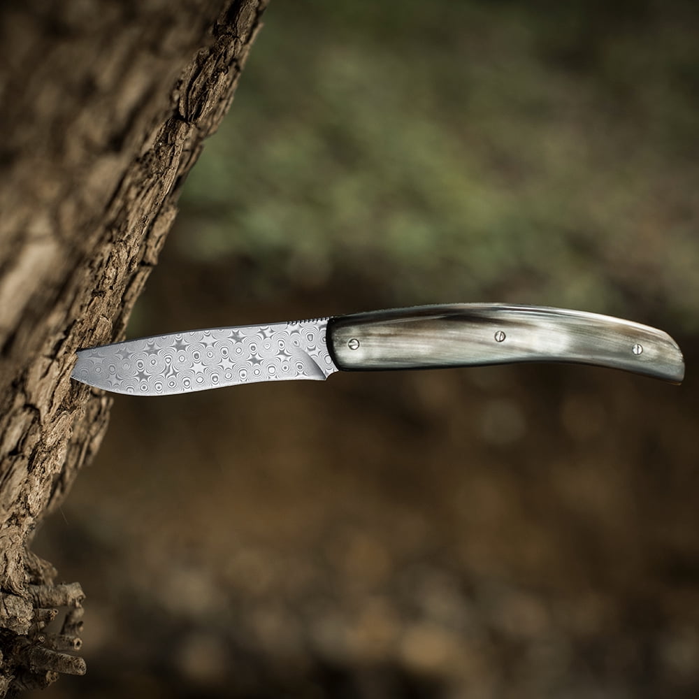 Dispatch 3.2 inch Blade Length Damascus Steel EDC Folding Knife with Cowl Handle and Rosette Blade
