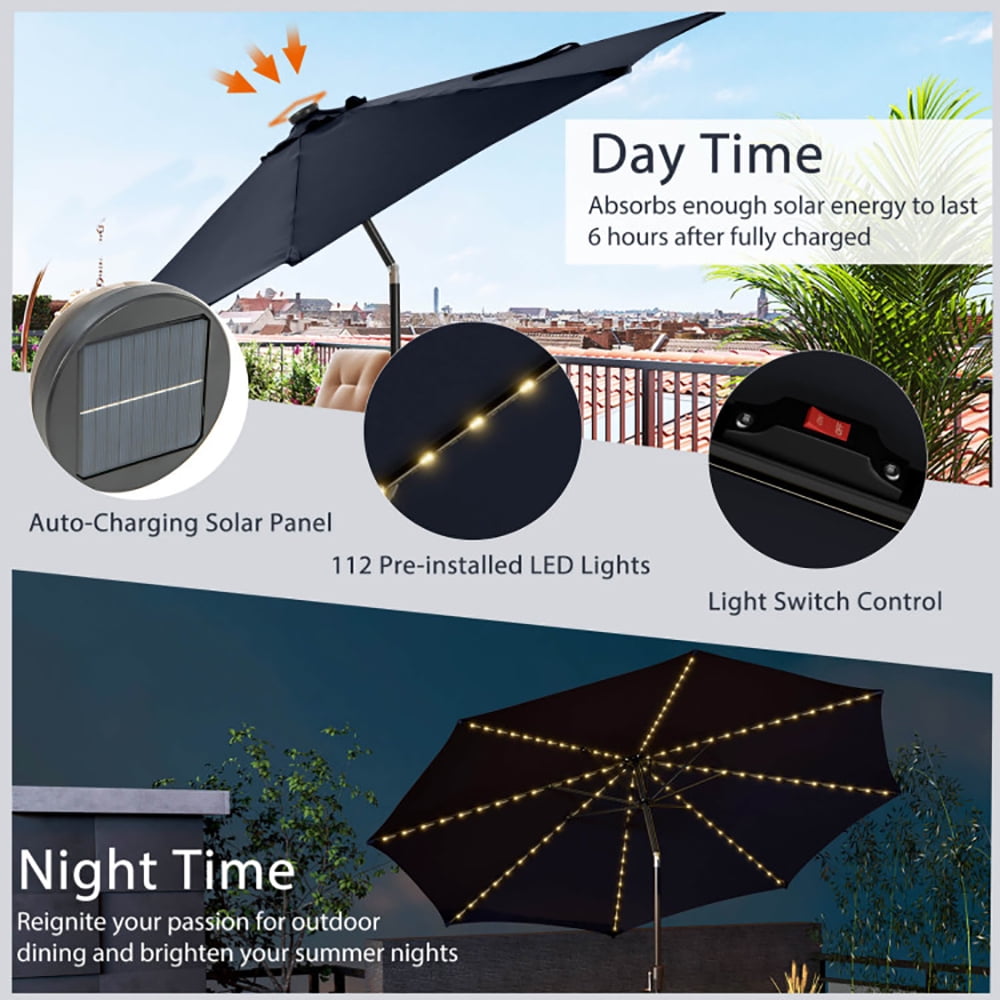 Aimee Lii 10 Feet Patio Umbrella with 112 Solar Lights and Crank Handle, Sunbrella Patio Umbrellas, Navy