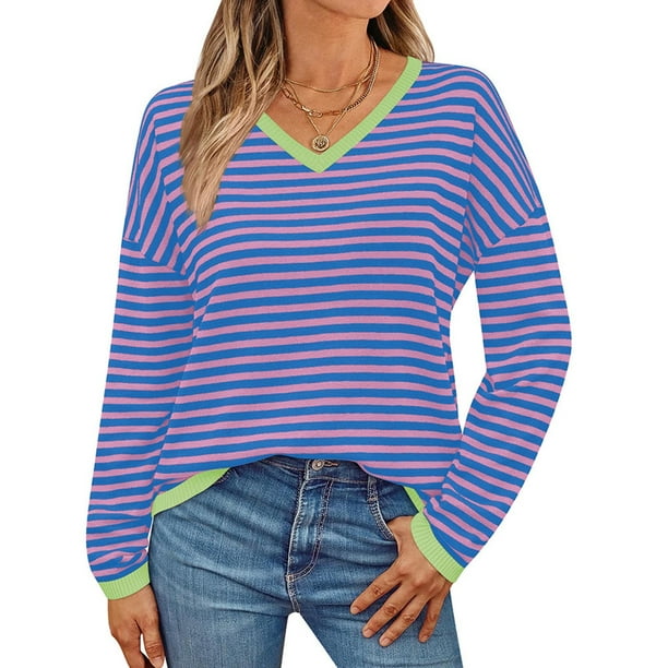 Suéter de cuello redondo de moda para mujer, blusa de manga larga con cuello estampado a rayas para mujer