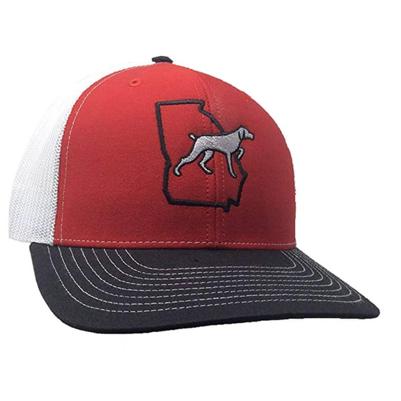 It's All About The South Georgia Outline Dog Trucker Mesh Snapback Hat- Red/Black- White Mesh