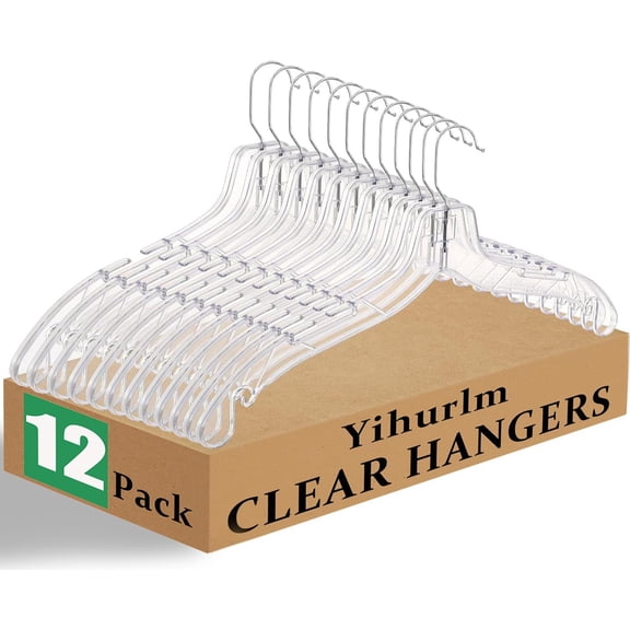 12 Pack Clear Plastic Hangers,Clear Hangers with 360 Swivel Metal Hook,Shirt Hanger Coat Hangers,Heavy Duty Hangers Dress Hangers for Clothes Shirts Dresses,16.7 Inch