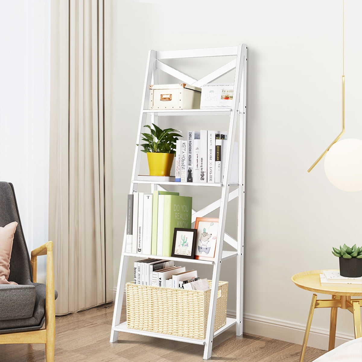 4-Tier Bookcase Bookshelf Leaning Wall Shelf Ladder Storage Display Rack Stand