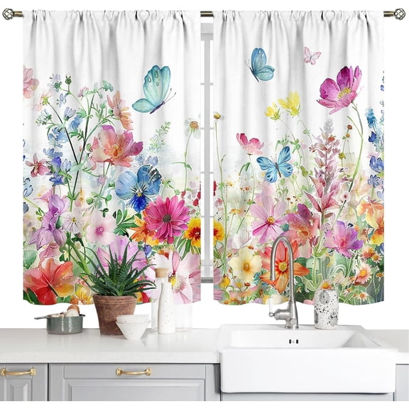 Flower Plant Kitchen Curtains Spring Watercolor Floral Flower Short Cafe Window Curtains Rustic Colorful Wildflower Plants Short Rod Pocket Window Treatment for Living Room Bathroom Kitchen 28"x39"