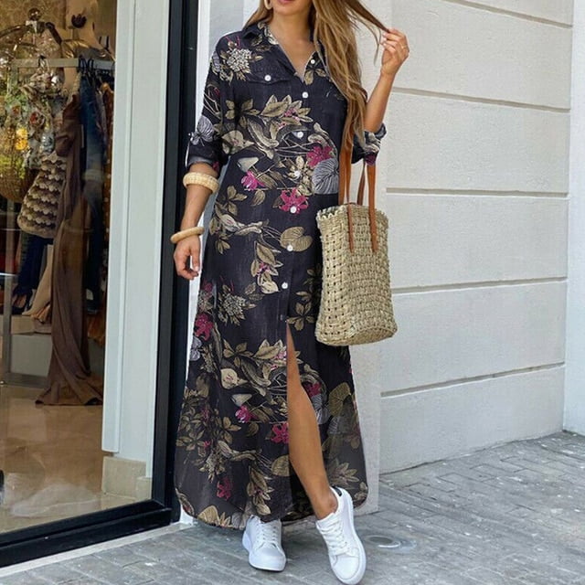 Tralilbee Robe Chemise Longue pour Femmes à Col Rabattu Été Élégante à Boutons Robe de Soirée Décontractée Printemps à Manches Longues Robe Maxi de Plage