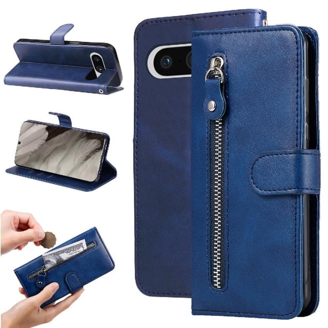 Wallet Case for Google Pixel 8 with Zipper Pocket & Card Slots – Stand Function Blue