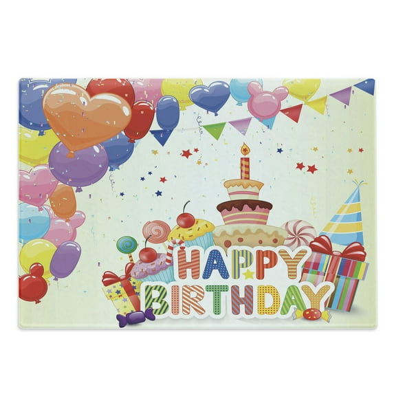 Birthday Cutting Board, Heart Shaped Funny Balloons Cupcakes Candies Presents and Party Hats Occasion, Decorative Tempered Glass Cutting and Serving Board, Large Size, Multicolor, by Ambesonne