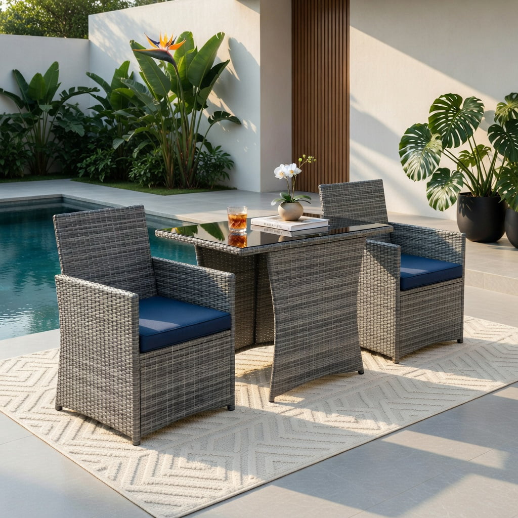 Hommoo 3-Piece Outdoor Rattan Patio Furniture Set, Steel Frame Sofa Chairs with Tempered Glass Table and Removable Cushions for Porch, Balcony, Garden, Navy