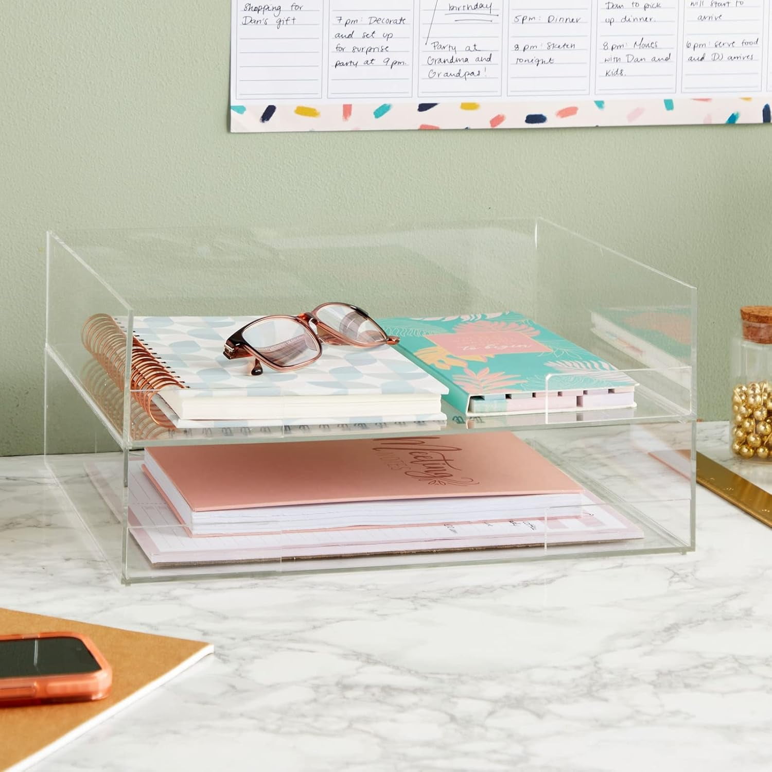 2 Tier Clear Acrylic Paper Tray, Letter and File Organizer for Office Desk Accessories and Documents (13 x 11 x 3 in)