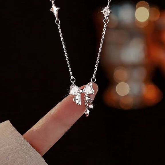 s925 sterling silver bow necklace for women light luxury zircon four-point star pendant niche design fashionable and versatile collarbone chain