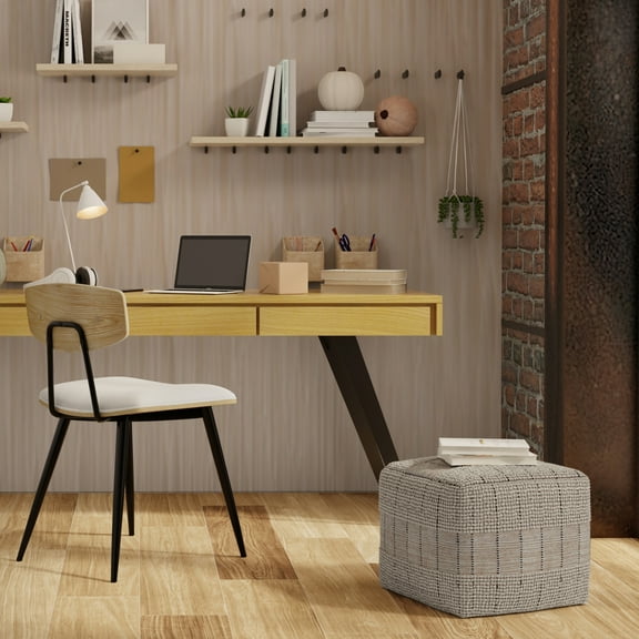 Simpli Home Elmer Contemporary Square Square Woven Pouf in Natural/Grey