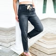 thumbnail image 4 of LWavelet Women Elastic Waist Straight Jeans Drawstring Detail Cuffed Ankle Denim Pants Casual Slim Fit Daily Wear Jeans Black L, 4 of 6