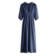 thumbnail image 4 of Ohufall Womens Cotton Linen Dress 3/4 Sleeve V Neck High Waist Dresses Turndown Collar Fashion Maxi Dress, 4 of 4