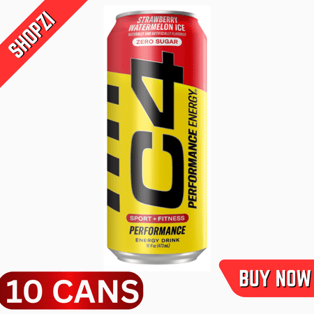 C4 Energy Performance Carbonated Drink, Strawberry Watermelon Ice, 10 Pack (16 fl oz Cans), Sugar-Free Pre-Workout Energy Beverage