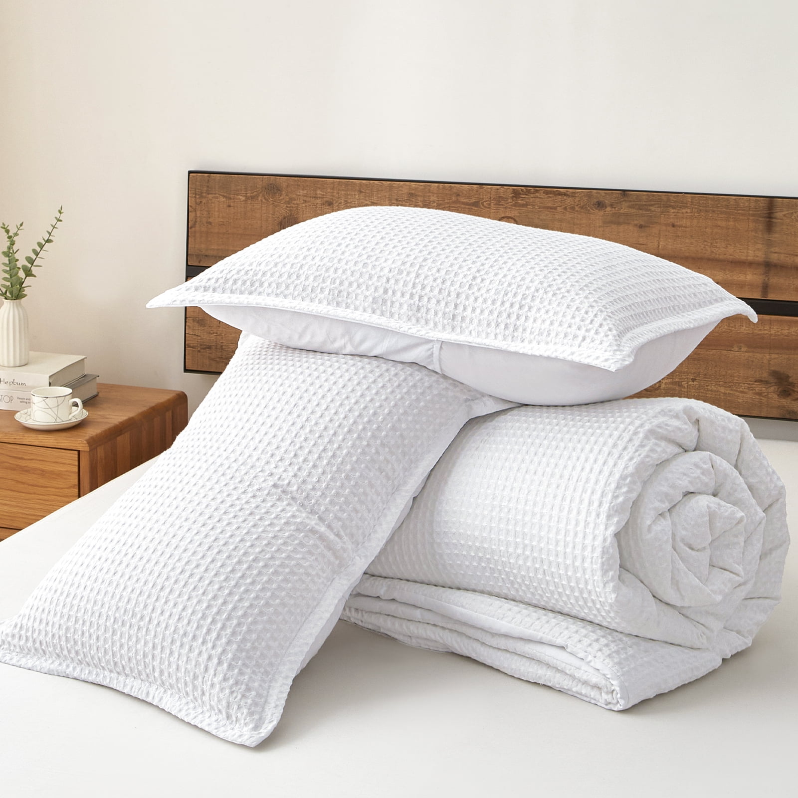 PHF 3-Piece Waffle Weave Comforter Set Queen Size, Lightweight Comfy Bedding Set for All Season, Ultra Soft Textured 1 Comforter with 2 Pillow Shams, White