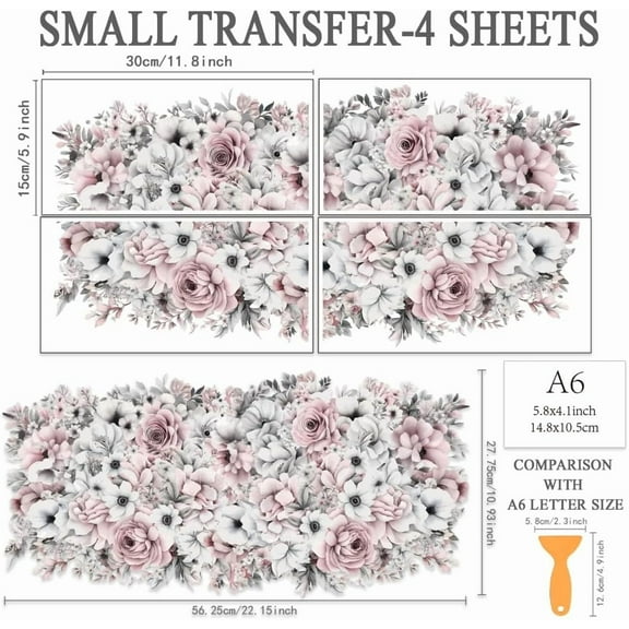 1 set 4pcs/Set Light Colored Flower Rub on Transfers for Furniture and Crafts 6x12 Inch Plants Theme Furniture Transfer Sticker Decals Transfer Stickers Rub on Decals for Wood Furniture Home Decor