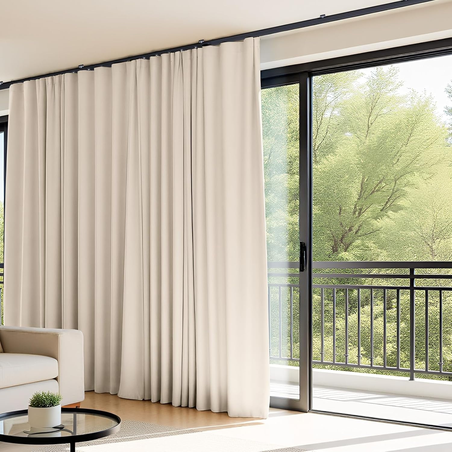 Room Divider Curtains Flexible Ceiling Tracks Set Curtain Track Ceiling Mount Blackout Curtain for Living Room Bedroom Ceiling Curtain Rod Privacy Dividers Panels W100 x H96 Beige Drape & Black Rail