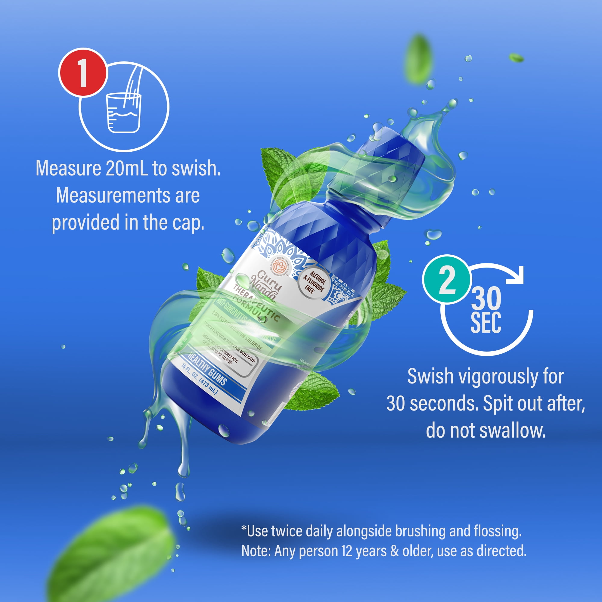 GuruNanda Healthy Gums Antigingivitis Mouthwash - Alcohol Free, Wild Mint - 16 fl oz