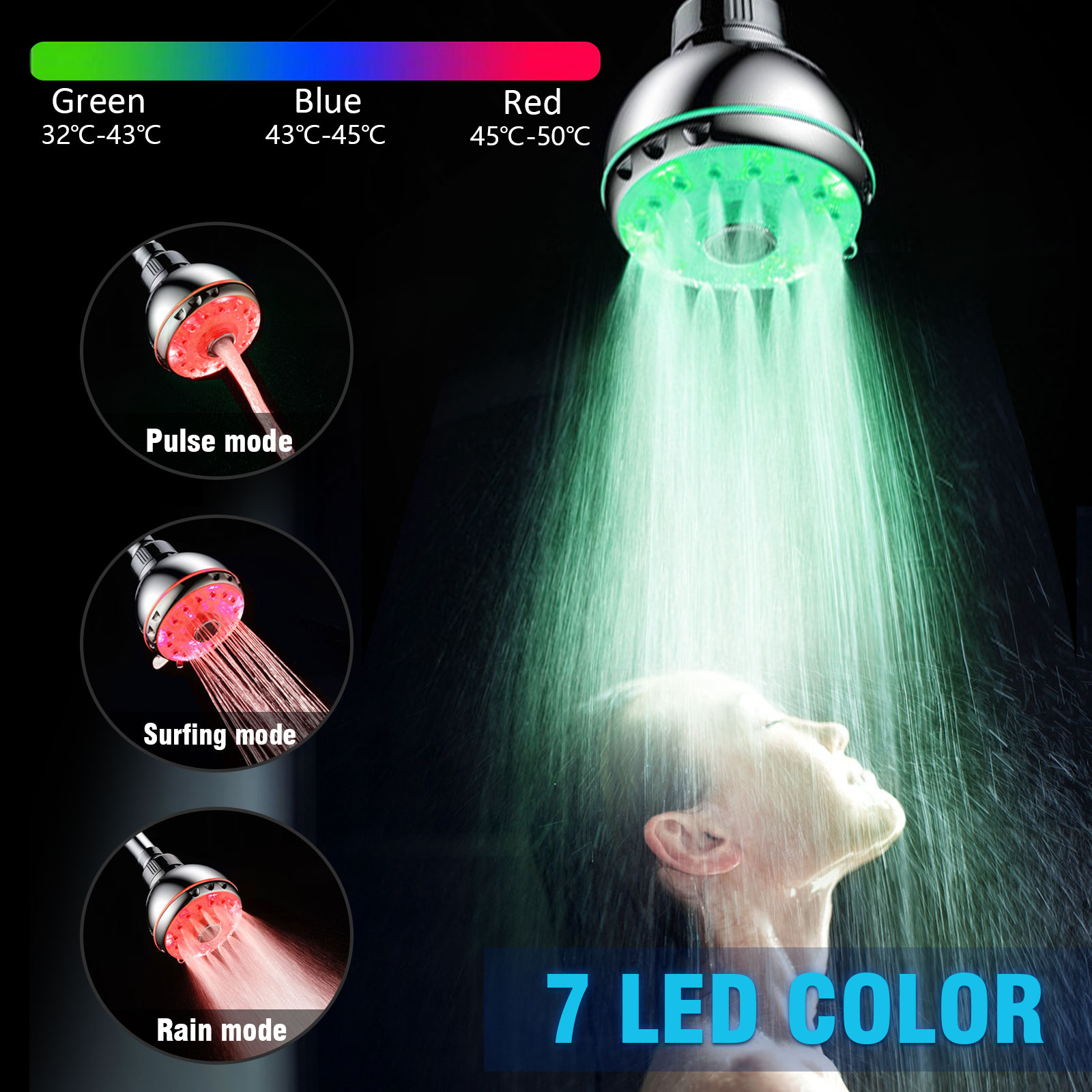 Shower Head, 7 Color Led Shower Head with RGB Light Automatically, 360