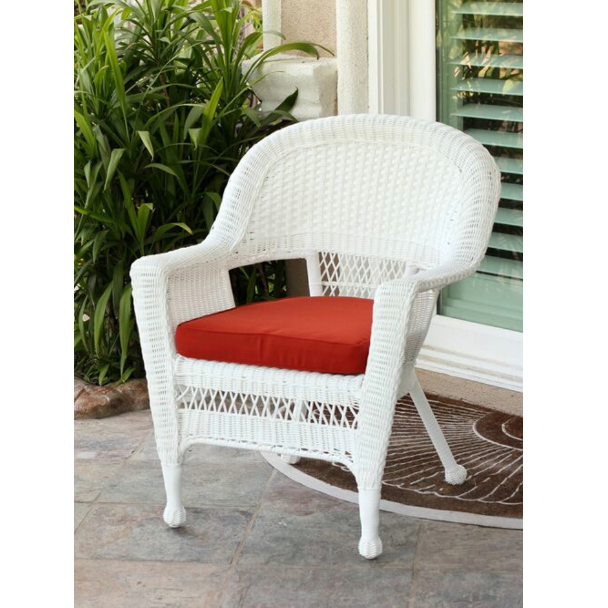 36" White Resin Wicker Outdoor Patio Garden Chair with Red Cushion