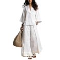 thumbnail image 2 of Women Two Piece Set 3/4 Sleeve V Neck Tops and High Waist Wide Leg Pants with Contrast Hem Summer Cotton Linen Outfits, M, 2 of 5