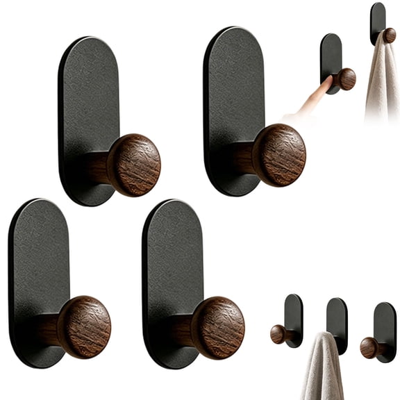 4 Pcs Faux Walnut Look Wall Hooks,Round Wood Grain Knob Hangers,No Drill Self Adhesive Single Coat Hooks,Wall Mounted Towel Hooks for Hats,Bags,Keys,Bathroom,Bedroom,Entryway and Behind Door