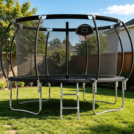 12FT Round Outdoor Trampoline with Safety Enclosure Net,800Lbs Capacity,Basketball Hoop & Ladder, Heavy-Duty Backyard Trampoline for Kids & Adults