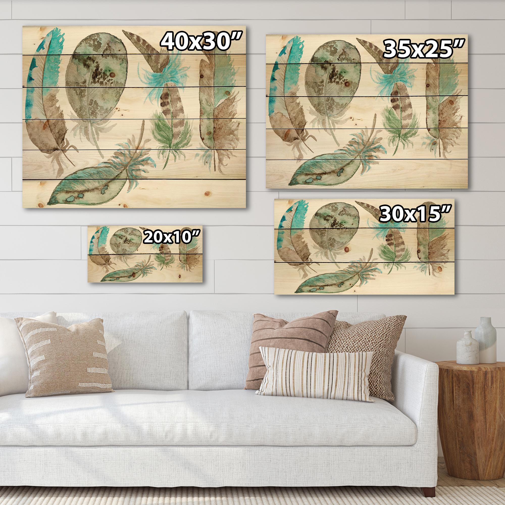 Designart 'Green Feathers Set On White' Bohemian & Eclectic Print on Natural Pine Wood